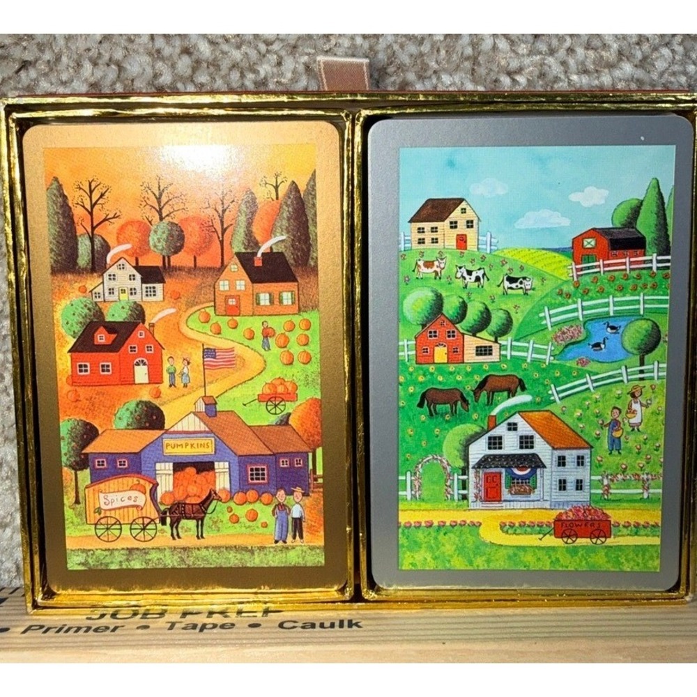 Vintage Congress Playing Cards Double Deck Set Folk Art Farm Velvet Box Spain